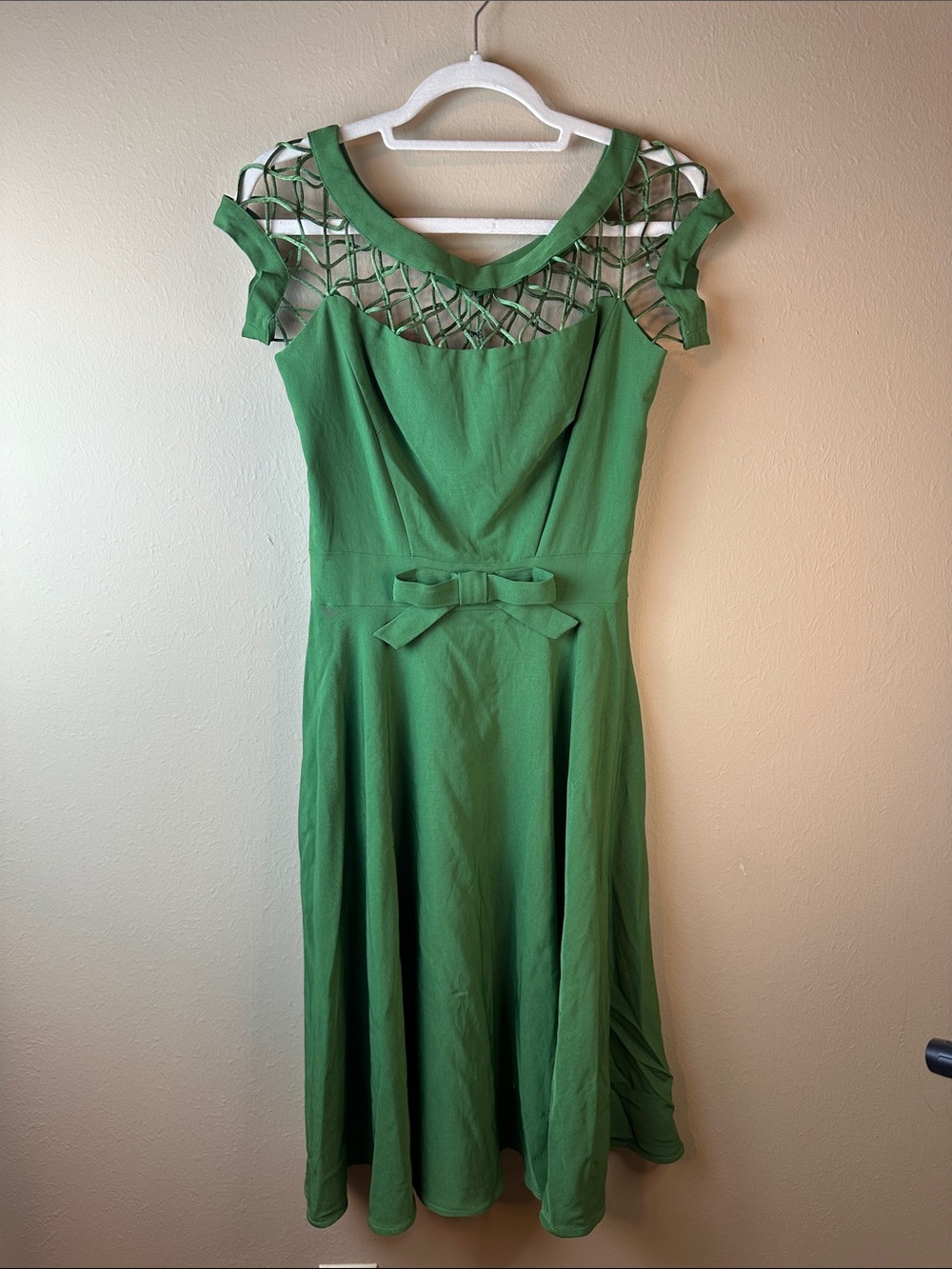 Tatyana Emerald Green Midi Dress with Lattice Yoke and Waist Bow